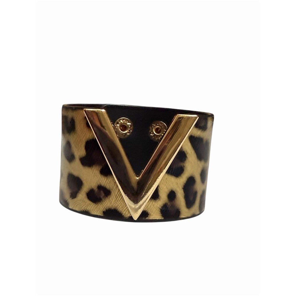 Leopard Print Wrap Cuff Bracelet Multicolor Gold Tone Chevron Snap Closure - Picture 8 of 8